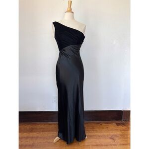 Vintage 90s Solid Black Velvet & Satin One-Shoulder Full Length Prom Dress